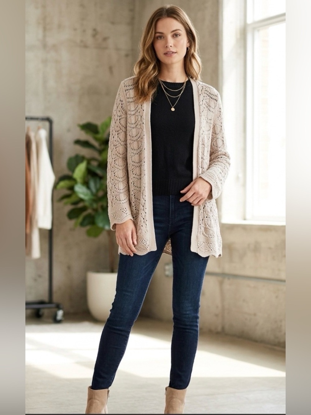 LOFT Women's Beige Open Front Cardigan with 3/4 Length Bell Sleeves size small
